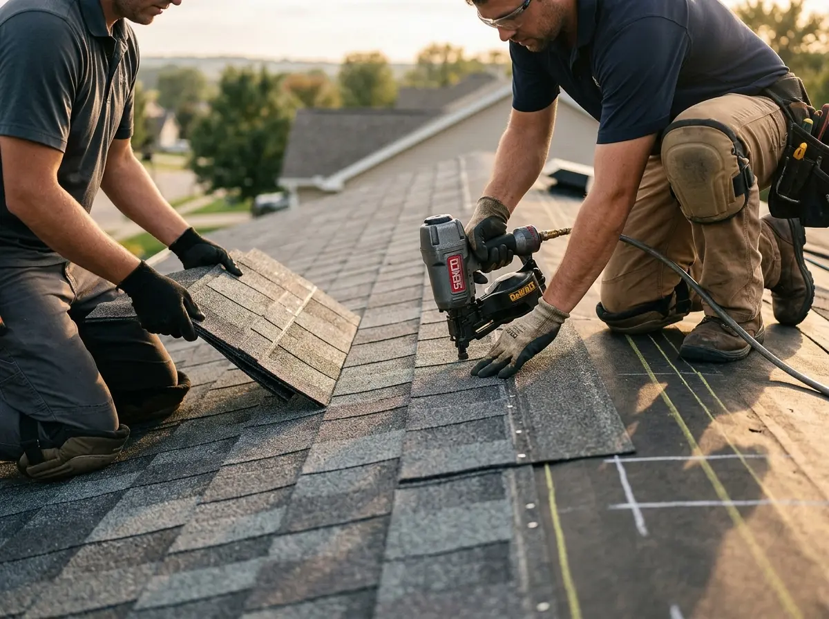 Professional roofer working on a residential roof in Clarksdale